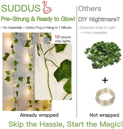 suddus 200 LED Vine with Light Plug in, 6.5ft x 6.5ft Ivy Fairy Curtain Lights with Remote, Leaf Fairy Lights for Wall,Bedroom, Dorm, Wedding, Party, Indoor Decor(Warm White)