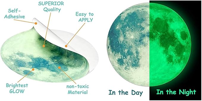 Quanhaigou Glow in The Dark Wall or Ceiling Moon Stickers – Green Luminous Big Moon Wall Stickers DIY Decor for Kid Room
