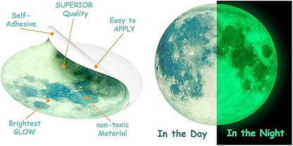 Quanhaigou Glow in The Dark Wall or Ceiling Moon Stickers – Green Luminous Big Moon Wall Stickers DIY Decor for Kid Room