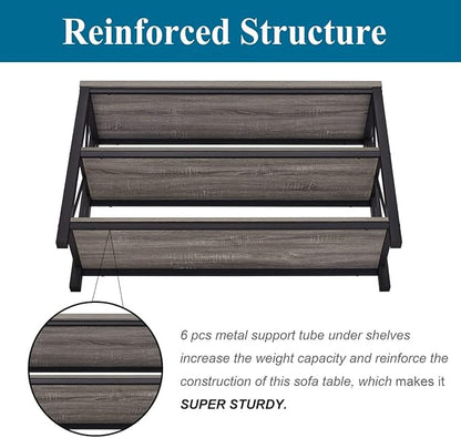 BON AUGURE Rustic Sofa Table Behind Couch, Industrial Console Tables for Entryway, 3 Tier Wood Shelves Entry Table with Storage for Foyer, Hallway, Front Door (47 Inch, Dark Grey Oak)