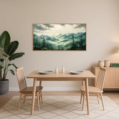 Celestdeco Green Foggy Mountain Framed Canvas Wall Art Set, Misty Forest Wall Decor, Watercolor Pine Tree Wall Painting, Large Nature Landscape Art Print for Living Room, Bedroom, Office - 20"X40"