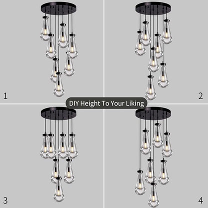 7 Light Raindrop Chandeliers, Bronze Teardrop Cluster Pendant Lights Kitchen Island, Black Dining Room Chandelier Over Table Hanging Pendant Lighting for High Ceiling, Entryway Staircase