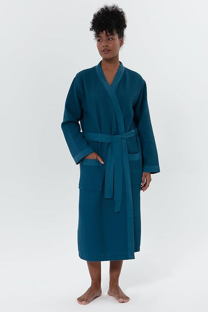 Women’s Luxury Waffle Shawl Collar, Hooded Robe w Piping – Lightweight, Long, Ultra Soft Spa Sleepwear Bathrobe