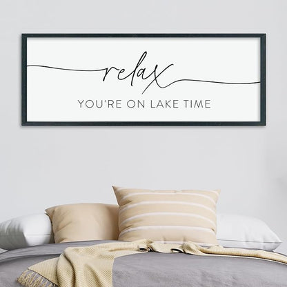 Relax You're On Lake Time Sign Wall Decor 40"×15" Lake House Bedroom Large Wood Framed Hanging Wall Art (Black)