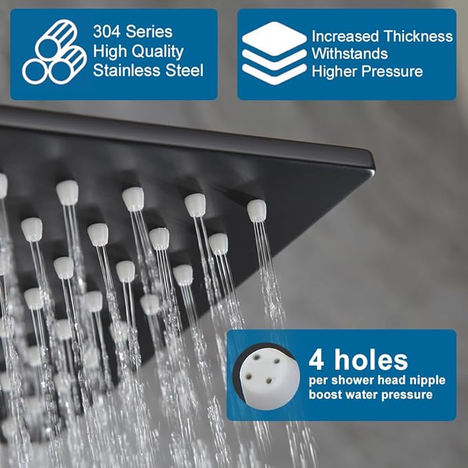 POP SANITARYWARE Black Shower Faucet Set Rainfall 12 Inch Shower Head, Wall Mounted Bathroom Shower System Single Function Shower Trim Kit with Valve, Matte Black