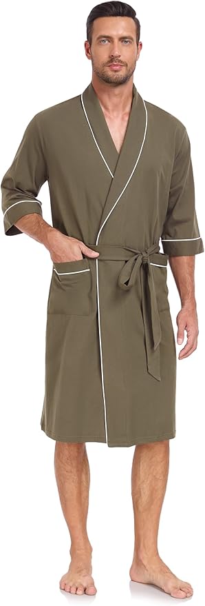 COLORFULLEAF Men's Bathrobes 100% Cotton Soft Comfort Breathable Short Sleeve Summer Kimono Mens Lightweight Robe