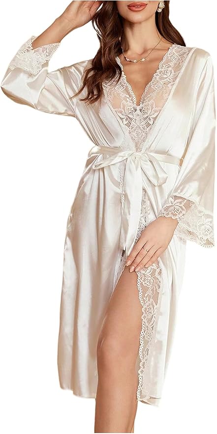 OYOANGLE Womens Silk Robe Long Lace Trim Satin Kimono Sleeve Sexy Soft Lightweight Vacation Sleepwear Robe