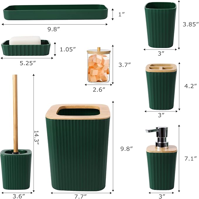 Dark Green Bathroom Accessories Set, 9-Piece Green Bathroom Set with Trash Can, Tray, Soap Dispenser, Toothbrush Holder, Toothbrush Cup, Soap Dish, Toilet Brush and Q-tip Holders