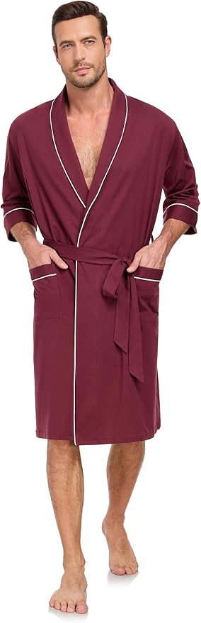 COLORFULLEAF Men's Bathrobes 100% Cotton Soft Comfort Breathable Short Sleeve Summer Kimono Mens Lightweight Robe