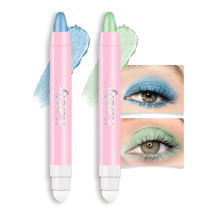 evpct 2Pcs Cream Eye Shadow Brightener Sticks Set for Eyes Waterproof, Sky Blue & Greenish Cyan Shimmer Cream Eyeshadow Applicator Stick Pigmented Eye Makeup sombras en crema para ojos 10+12