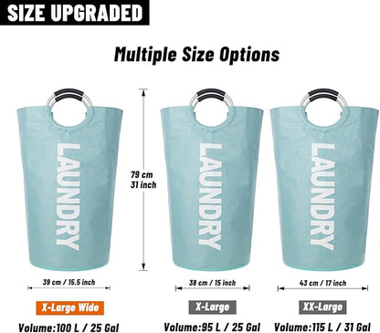 Caroeas 100L Laundry Basket,Large Laundry Hamper, Laundry Bag with Padded Handles, Clothes Hamper Stands Up Well, Collapsible Free Standing Easy Storage Washing Bin (Light Blue,100L)