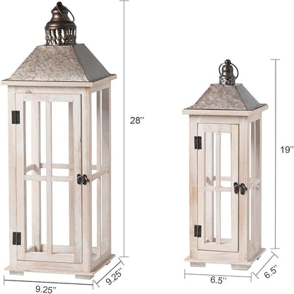 TIMRIS Large Rustic Wooden Decorative Lantern Set of 2, Modern Farmhouse Distressed Whitewash Floor Candle Lanterns, Indoor/Outdoor Hanging Lanterns for Home Decor (No Glass)