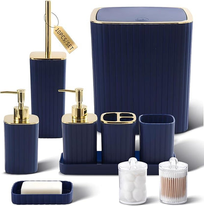 Bathroom Accessories Set - Gorgeous Bathroom Set, 10PC Navy Blue Bathroom Accessory Set, Toilet Brush, Trash Can, Qtip Holder Dispenser & Soap Dispenser