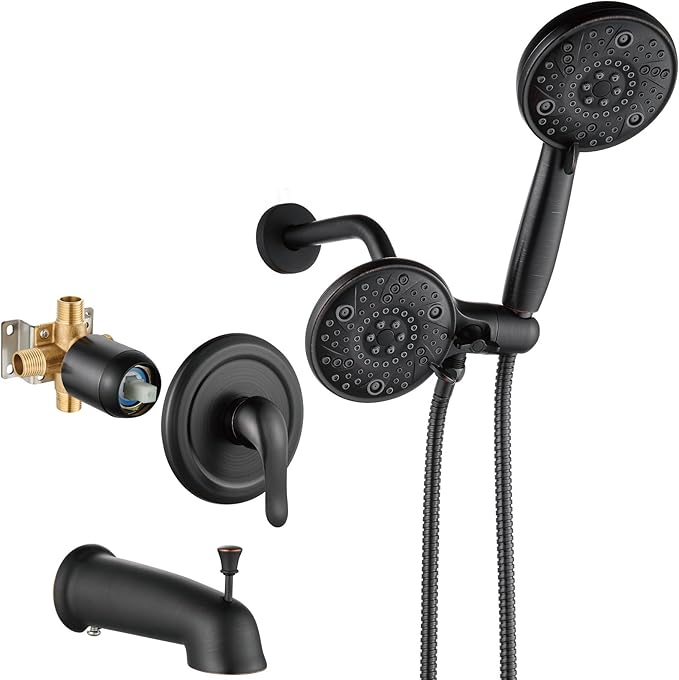 Aolemi Tub Shower Faucet Set with Tub Spout Rain Shower Head System Shower Trim Kit Pressure Rough-in Valve Included ABS 8 Setting Dual Shower Head and Handheld Spray Oil Rubbed Bronze