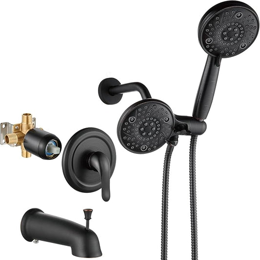 Aolemi Tub Shower Faucet Set with Tub Spout Rain Shower Head System Shower Trim Kit Pressure Rough-in Valve Included ABS 8 Setting Dual Shower Head and Handheld Spray Oil Rubbed Bronze