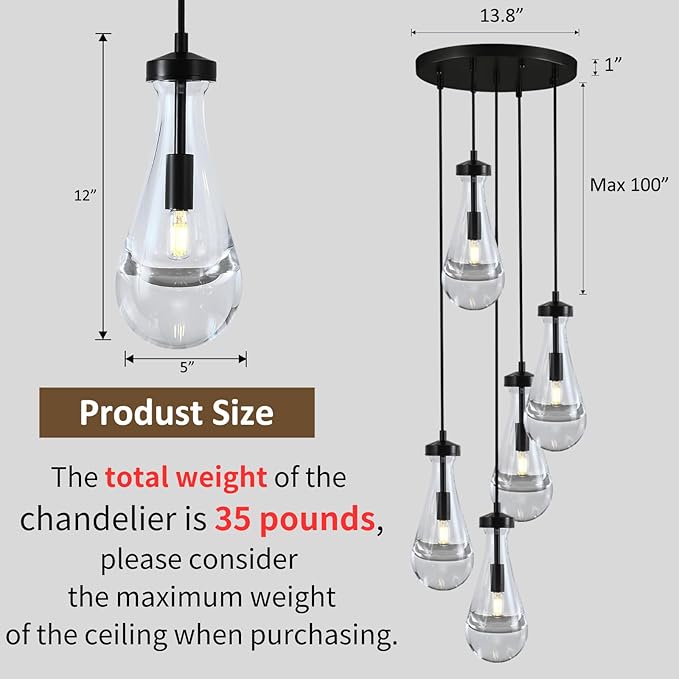 Bronze 5 Light Raindrop Chandeliers, Black Cluster Pendant Light Teardrop Dining Room Light Fixture Pendant Lights Kitchen Island, Hanging Ceiling Pendant Lighting for Entryway Living Room