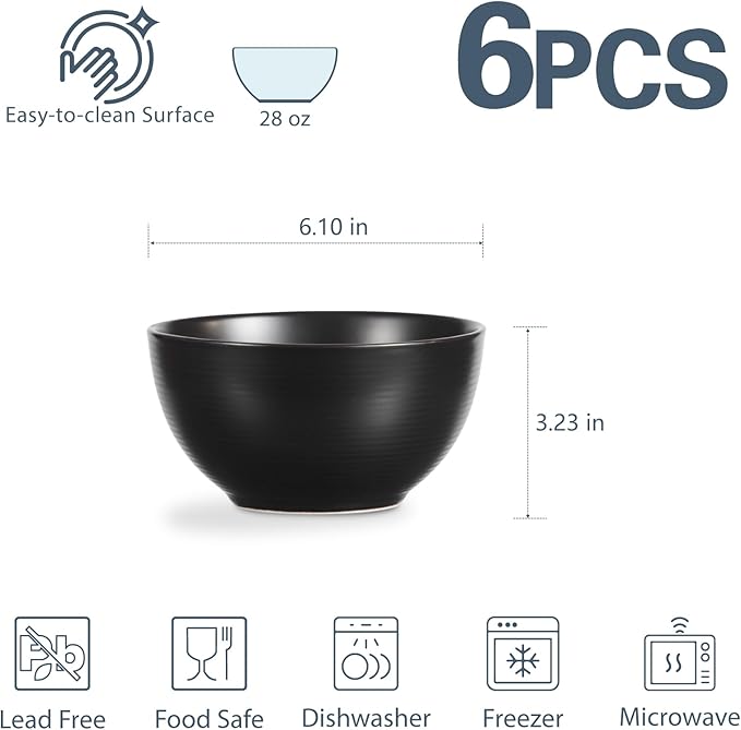 ONEMORE Cereal Bowls Set of 6, 28 oz Large Soup Bowls for Kitchen 6 inch Ceramic Salad Bowls Microwave Dishwasher Safe Deep Serving Bowl Set for Salad Dessert Rice, Black