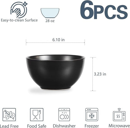 ONEMORE Cereal Bowls Set of 6, 28 oz Large Soup Bowls for Kitchen 6 inch Ceramic Salad Bowls Microwave Dishwasher Safe Deep Serving Bowl Set for Salad Dessert Rice, Black