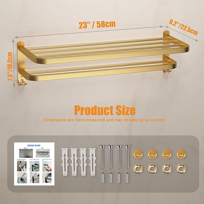 DDS-DUDES Gold Bathroom Towel Rack Towel Shelf with Double Towel Bars Lavatory Wall Mount Holder with Hooks Golden Stainless Steel Hotel Bath Rack 23 inches