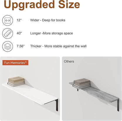 White Floating Shelves 40"W x 12"D, Deep Wall Shelves with Brackets for Books, Plant, 12 Inch Deep Bathroom Shelf Set of 2, Large Floating Shelf for Living Room, Bedroom, Kitchen, Set of 2