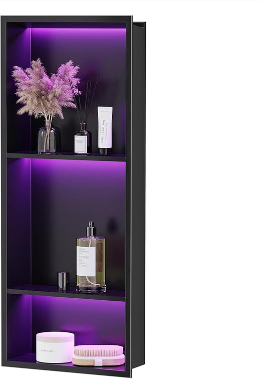 Stainless Steel Shower Niche 12" X 30", No Tile Needed Wall Niche with RGB Led Light, Recessed Shower Shelf for Bathroom Storage Over Mount Installation, Matte Black