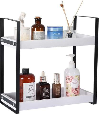 Bathroom Counter Organizer with Basket, Wooden Sink Shelf for Vanity Storage, Storage Organizers for Bathroom, Kitchen, Dresser (Black - White)