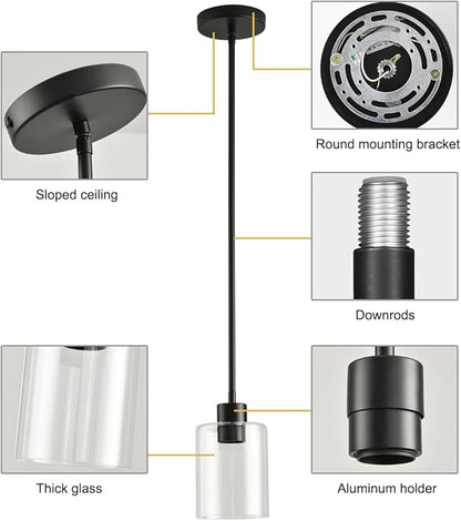 Black Pendant Lights Kitchen Island,Modern Farmhouse Glass Pendant Light,Light Fixture Kitchen Pendant Mini Hanging Light Fixture for Sink (Black 2 Pack Stem Rod)