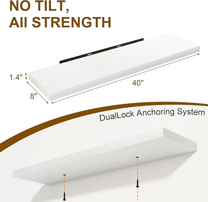 40 Inch Floating Shelves Set of 2, 8 Inch Deep Wall Shelf, Rustic Wood Storage Shelves for Bedroom, Kitchen, Bathroom, Wall-Mounted Shelf with Invisible Brackets for Books|Storage, White