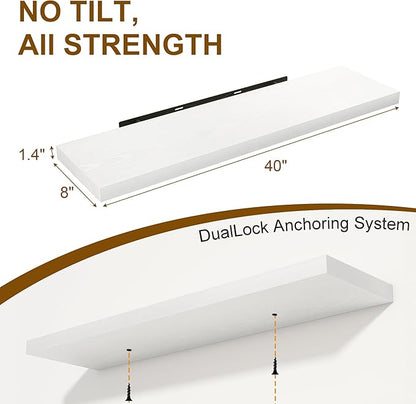 40 Inch Floating Shelves Set of 2, 8 Inch Deep Wall Shelf, Rustic Wood Storage Shelves for Bedroom, Kitchen, Bathroom, Wall-Mounted Shelf with Invisible Brackets for Books|Storage, White