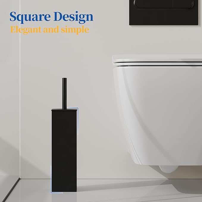 RUACQ Toilet Brush and Holder Set,Square Toilet Bowl Brush for Bathroom with 304 Stainless Steel Handle Toilet Cleaner Brush with Durable Scrubbing Bristles,Splash-Proof (Matte Black)