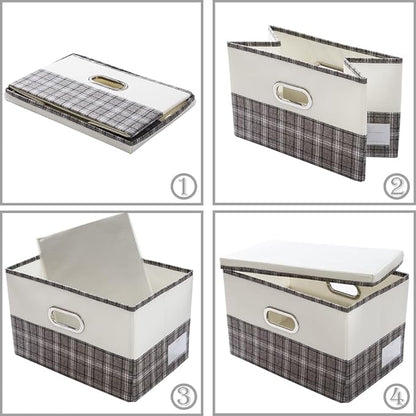 PRANDOM Large Collapsible Storage Bins with Lids [3-Pack] Fabric Foldable Storage Boxes Organizer Containers Baskets Cube with Cover for Home Bedroom Closet Office Gray plaid & Cream(17.7x11.8x11.8)