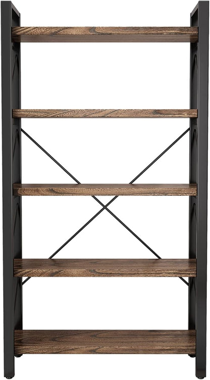5 Tier Bookshelf Rustic Solid Wood Industrial Style Bookcase,Metal and Real Wood Vintage Bookshelf,Book Shelves Home Office, Retro Brown,Dark Matching credenza(LZ01-05tier) (5Tiers)