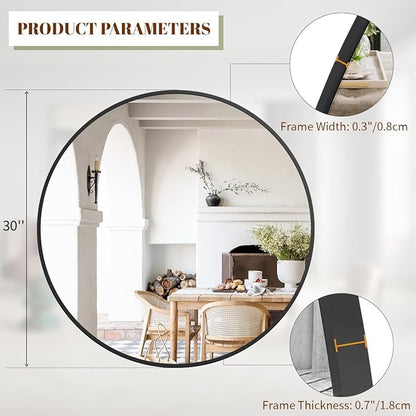 BEAUTYPEAK 30 Inch Round Mirror, Metal Frame Circle Mirror, Wall Mounted for Entryway, Bathroom, Vanity, Living Room, Black