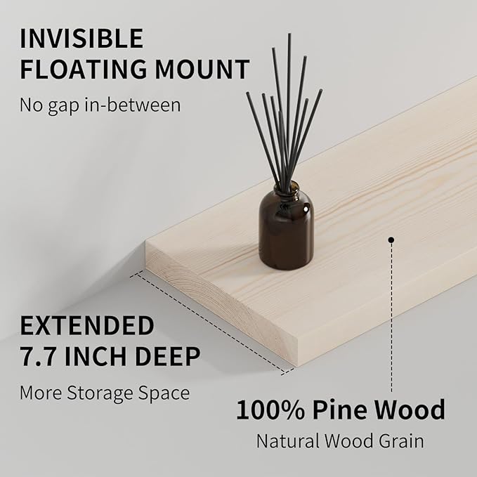 SAUMONIERES Floating Shelves 8 Inch Deep Solid Wood Wide Wall Shelf Set of 1 Wall Mounted for Bedroom Bathroom Living Room Kitchen, 48 Inch Natural