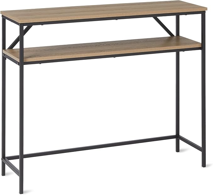 Amazon Basics Rectangular Console Table with Storage Shelf, Steel Frame, 39x31x11.8 in, Oak Finish
