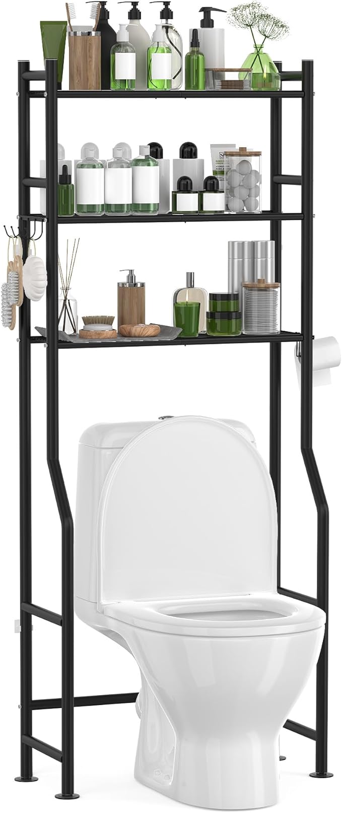 3-Tier Over The Toilet Storage with Paper Holder, Metal Bathroom Organizers and Storage for Small Space, Freestanding Bathroom Shelves with 4 Hooks, Above The Toilet Storage Shelf, Black