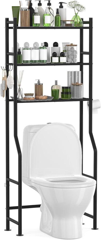 3-Tier Over The Toilet Storage with Paper Holder, Metal Bathroom Organizers and Storage for Small Space, Freestanding Bathroom Shelves with 4 Hooks, Above The Toilet Storage Shelf, Black