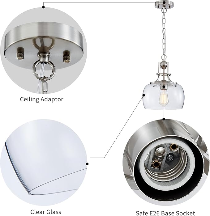 WUZUPS Chandelier Rustic Farmhouse Industrial Round Ceiling Pendant LED Light Fixture with Clear Glass Shades for Dining Room Kitchen Island Foyer Entryway, H 13" x W 10", E26 Base, Brushed Nickel