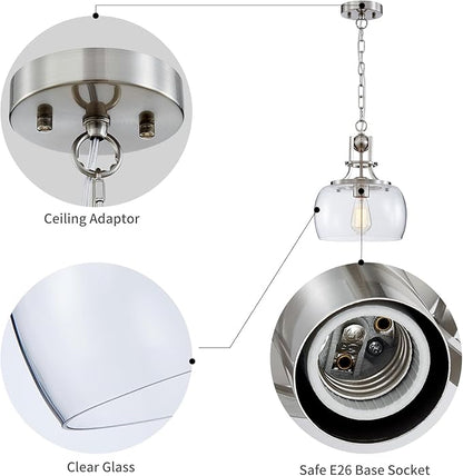 WUZUPS Chandelier Rustic Farmhouse Industrial Round Ceiling Pendant LED Light Fixture with Clear Glass Shades for Dining Room Kitchen Island Foyer Entryway, H 13" x W 10", E26 Base, Brushed Nickel