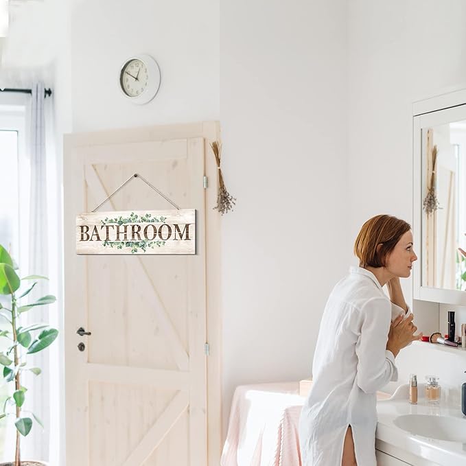 Bathroom Sign Wall Decor, Bathroom Wall Art with Plant Print, Rustic Farmhouse Wall Hanging Plaque Home Kitchen Decorative Bathroom, 4.7 x 13.7 inches