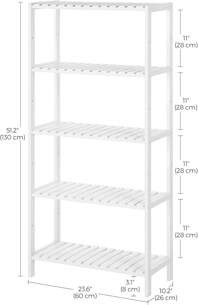 SONGMICS Bamboo Storage Shelf, 5-Tier Shelving Unit, Multifunctional, in The Entryway, Bathroom, Living Room, Balcony, Kitchen, 10.2 x 23.6 x 51.2 Inches, Cloud White UBCB35WT