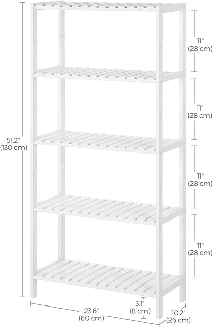 SONGMICS Bamboo Storage Shelf, 5-Tier Shelving Unit, Multifunctional, in The Entryway, Bathroom, Living Room, Balcony, Kitchen, 10.2 x 23.6 x 51.2 Inches, Cloud White UBCB35WT