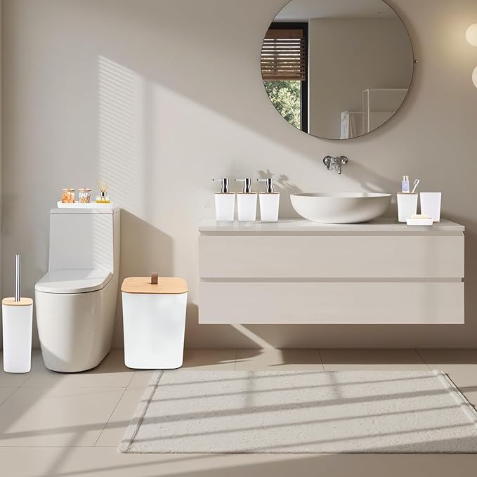 White Bathroom Accessories, Bathroom Accessories Set with Trash Can, Soap Dispenser, Toothbrush Holder, Toothbrush Cup, Soap Dish, Toilet Brush, Tray and Q-tip Holders for Housewarming