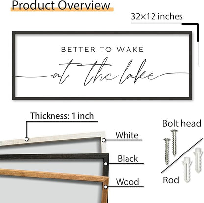 SRSZHIYUE Better To Wake At The Lake Wall Decor Above Bed Sign 32"×12" for Lake House Bedroom Over Bed Large Wood Framed Wall Hanging Art (Black)