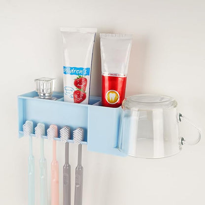 5 Slots Wall Mount Toothbrush Holder with Storage Box, Self Adhesive Toothbrush Storage Organizer for Shower, Toothpaste & Toothbrush Hanger for Bathroom, Medicine Cabinet, Dorm (Blue)