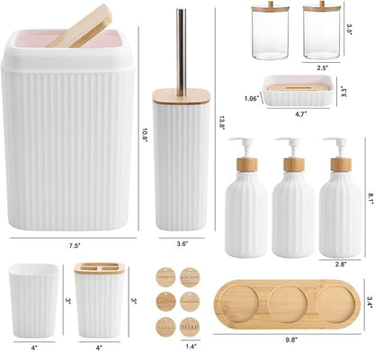 Bathroom Accessories Set White Bathroom Set with Trash Can,3PCS Lotion Soap Dispenser, Toothbrush Holder, Soap Dish,Tumbler Cup,6pcs Wood Tags White Bath Accessories with Tray for Bathroom Decor