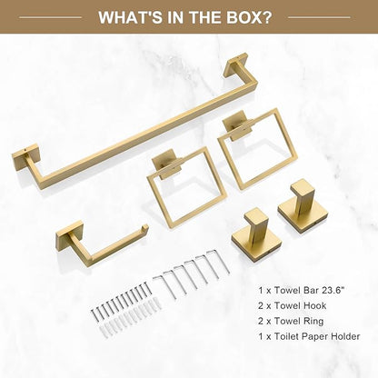 TQKAG 6-Piece Bathroom Towel Bar Sets Brushed Gold 23.6 inch Towel Bar Stainless Steel Towel Ring Coat Hook and Toilet Paper Holder Bathroom Hardware Set Wall Mounted Bathroom Accessories Kit