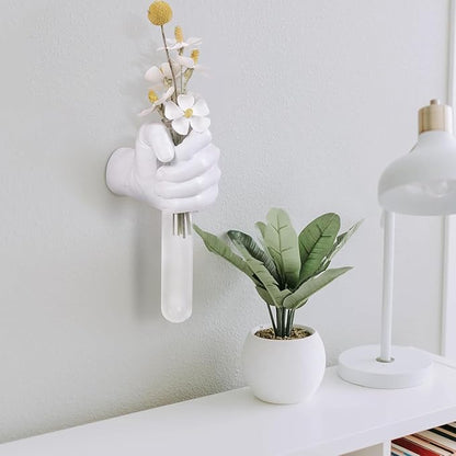 Creative Wall Hanging Sculpture, Funky White Hand Vases Home Decor, Artistic Hanging Hand Sculptures with Test Tube Vases, Unique Wall Art Statue