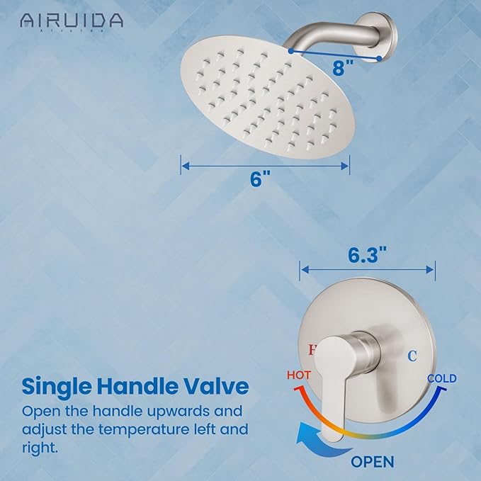 Airuida Shower Faucet Set,Single Function Shower Trim Kit,Wall Mount 6 Inch Round Rainfall Shower Head and Handle Set,Single Handle Shower System Set Male Threads Rough-in Valve Brushed Nickel