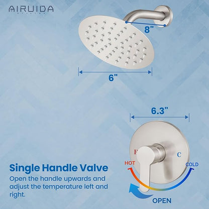 Airuida Shower Faucet Set,Single Function Shower Trim Kit,Wall Mount 6 Inch Round Rainfall Shower Head and Handle Set,Single Handle Shower System Set Male Threads Rough-in Valve Brushed Nickel